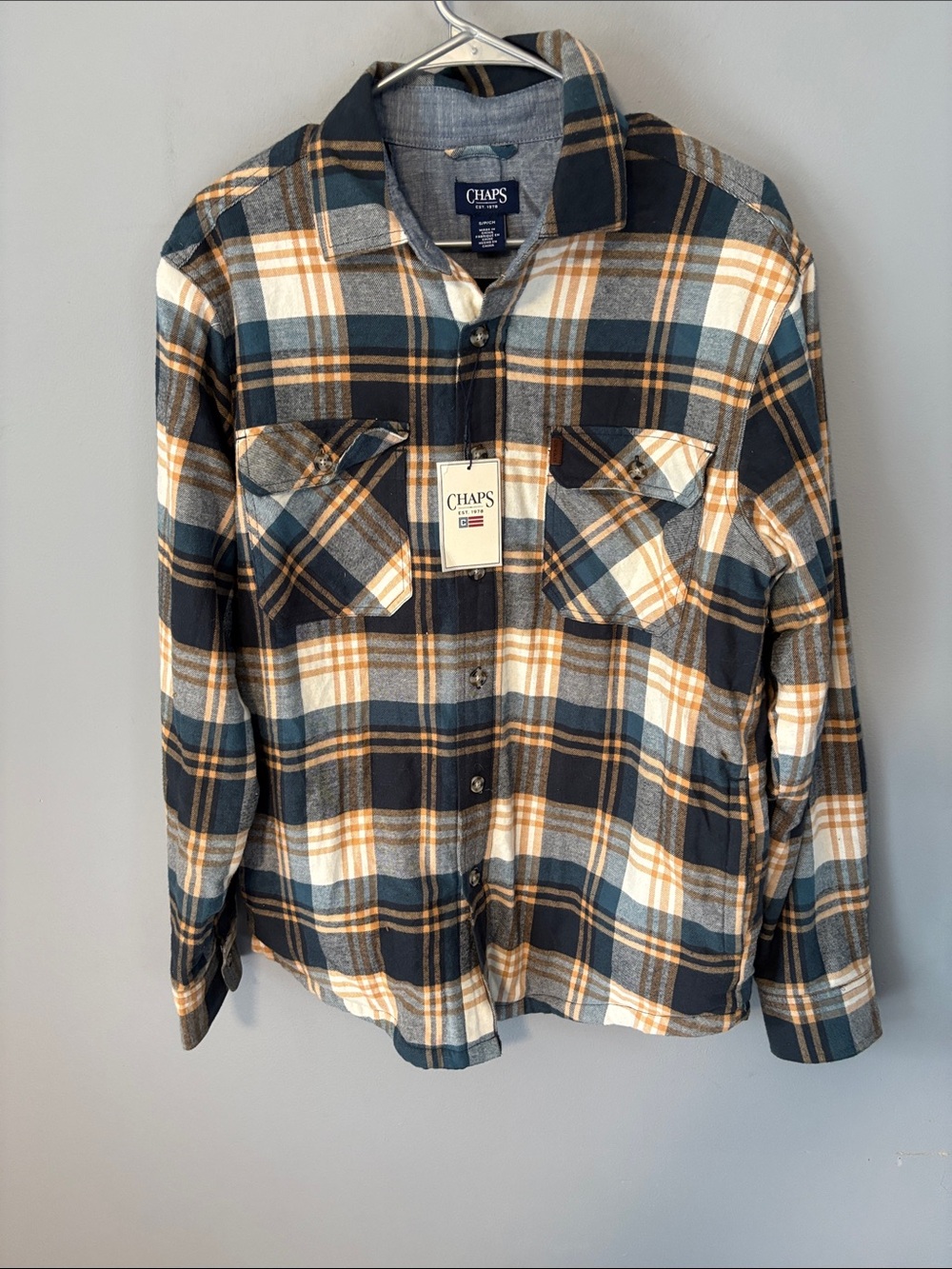 Chaps Plaid Button-Up Shirt in Navy, Cream & Tan